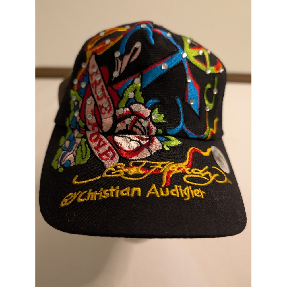 Ed Hardy Christian Audigier Vintage Trucker Hat Black Rhinestone Tattoo Rose NWT